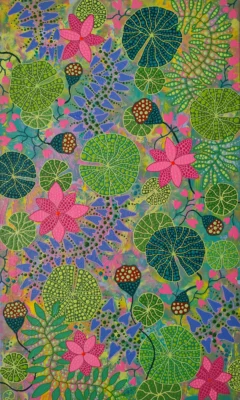 Lotus Pond by Oxana Lazari, 2026, acrylic dot art painting, 60x100 cm