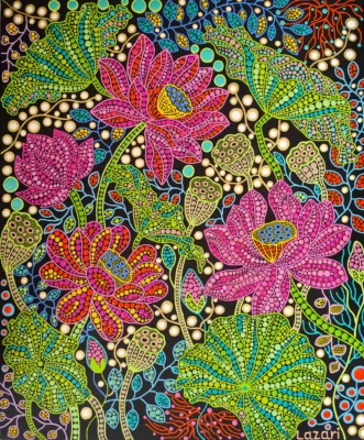 Lotus Serenity by Oxana Lazari, 2023, acrylic dot art painting, 50x60 cm