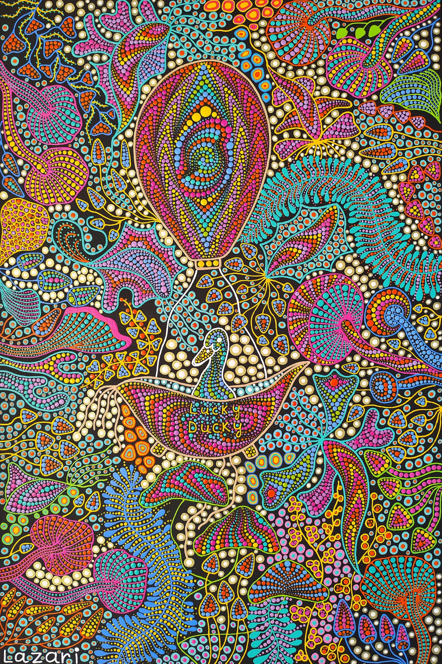 Lucky Duck in Wonderland by Oxana Lazari, 2022, acrylic dot art painting, 60x90 cm