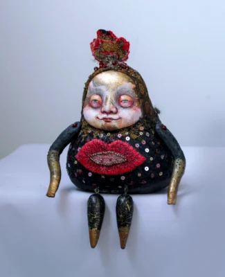 Bulimia art doll by Tatiana Pundeva, handcrafted collectible piece exploring themes of identity, vulnerability and inner conflict, 15x15 cm, 2021, contemporary art doll