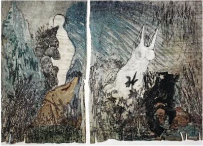 „Gravură aquaforte color de Gheorghii Diaconu intitulată „Cămășile”, dimensiune 50x71 cm, lucrare originală din 1996”