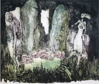 „Diaconu Gheorghii – Gelozia, gravură aquaforte color originală, 50x60 cm, realizată în 1996”