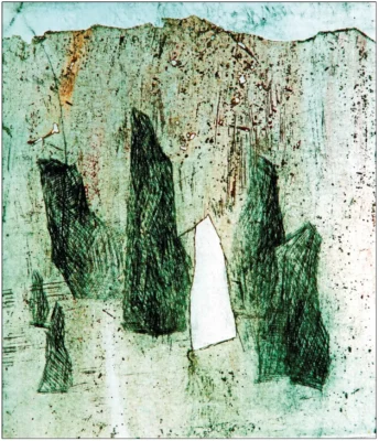 „Lucrarea „Credința” de Diaconu Gheorghii, gravură aquaforte pe hârtie, dimensiune 22x28 cm, creație din 1994”