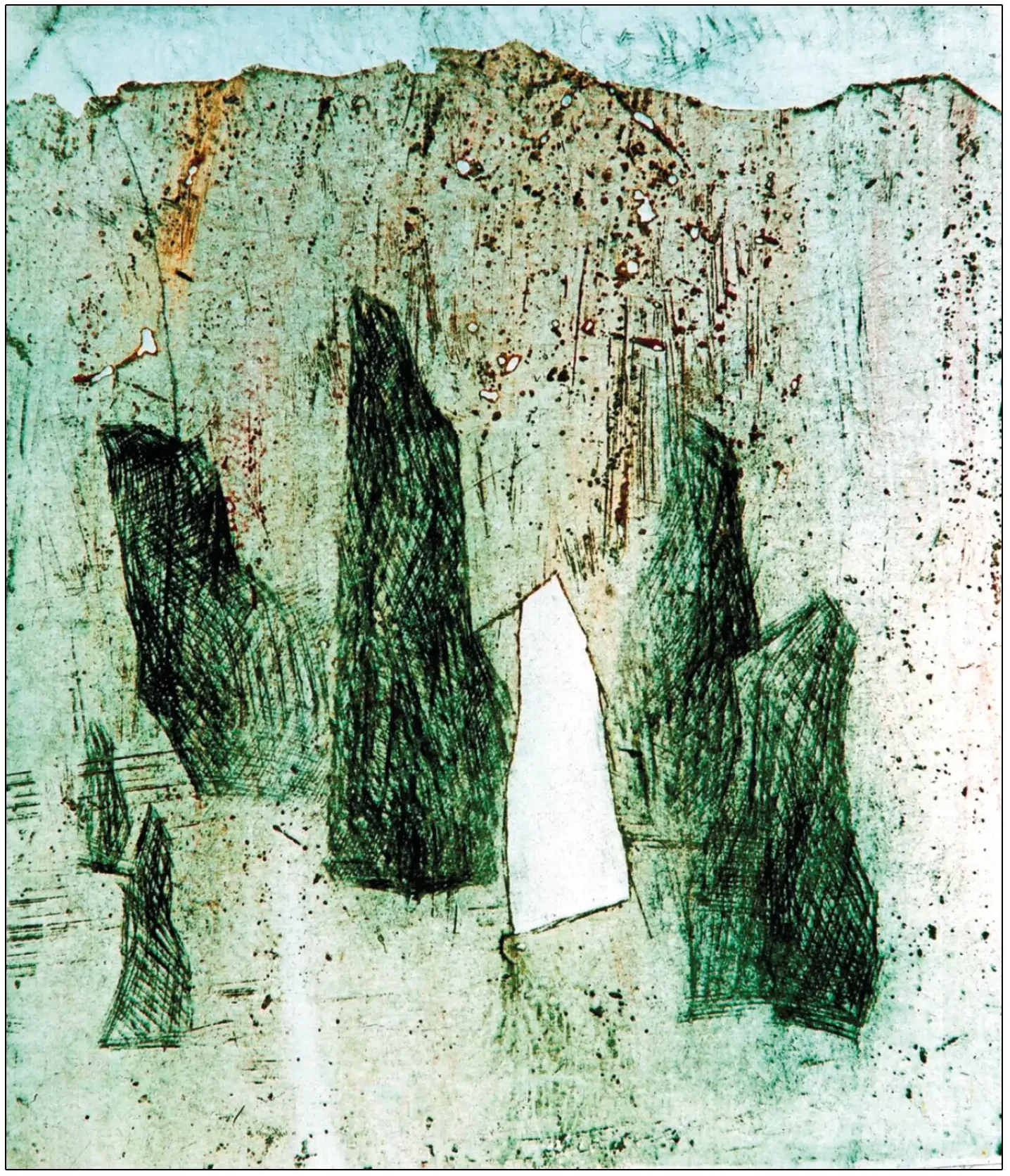„Lucrarea „Credința” de Diaconu Gheorghii, gravură aquaforte pe hârtie, dimensiune 22x28 cm, creație din 1994”