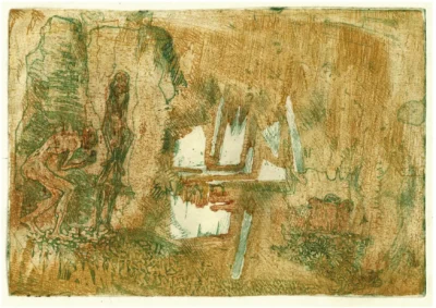 „Lucrarea „Liliecii” de Diaconu Gheorghii, gravură aquaforte pe hârtie, dimensiune 32x22 cm, creație din 1995”