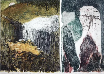 „Diaconu Gheorghii – Primăvara. Zbuciumul, gravură aquaforte color originală, 50x71 cm, realizată în 1996”
