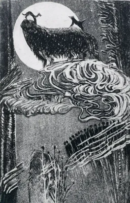 „Lucrarea „Oaia gigant” de Gheorghe Diaconu, gravură aquaforte pe hârtie, dimensiune 28x18 cm, creație originală din 2021”