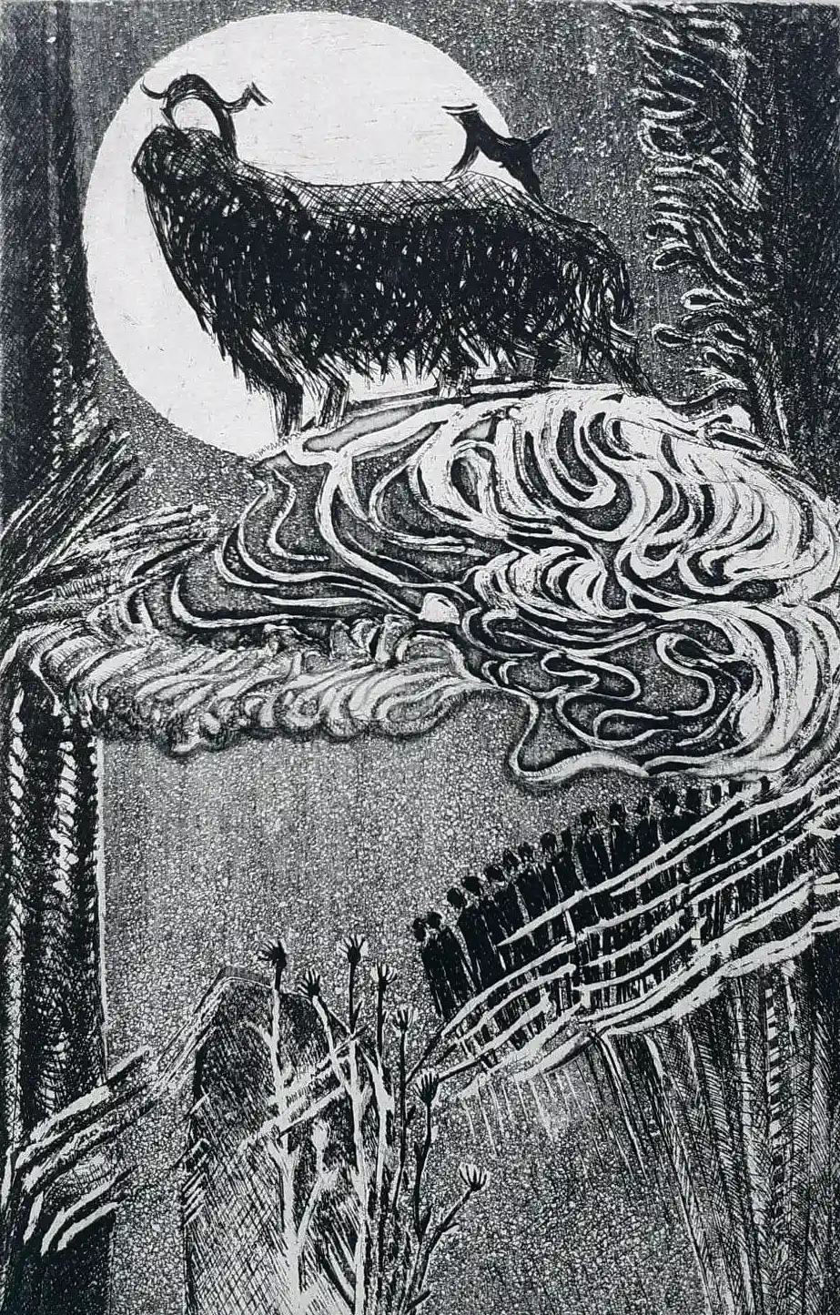 „Lucrarea „Oaia gigant” de Gheorghe Diaconu, gravură aquaforte pe hârtie, dimensiune 28x18 cm, creație originală din 2021”