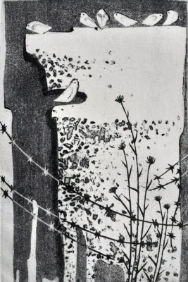 „Lucrarea „Păsări” de Gheorghe Diaconu, gravură aquaforte pe hârtie, dimensiune 26x17 cm, creație originală din 2018”