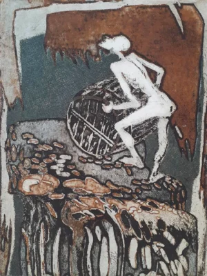 „Lucrarea „Piscul Ticălosului” de Gheorghe Diaconu, gravură aquaforte color pe hârtie, dimensiune 38x28 cm, creație originală din 2015”