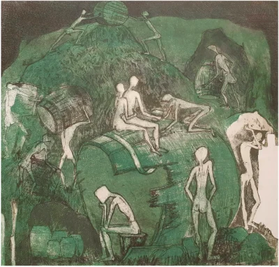 „Lucrarea „Piscul ticăloșilor” de Gheorghii Diaconu, gravură aquaforte color pe hârtie, dimensiune 57x62 cm, creație din 2022”