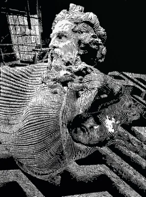 Lucrarea „Dualitate”, din seria „Zeii de pretutindeni”, plasticogravură realizată de artistul moldovean Roșca Ruslan, formatul imaginii 80 × 60 cm, hârtie 100 × 70 cm, 2024.