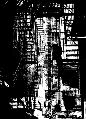 „In the City”, lucrare de plasticogravură semnată de artistul plastic și graficianul moldovean Roșca Ruslan, dimensiuni 65 × 47 cm, realizată în 2024.