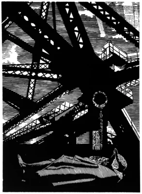 Lucrarea „La baza progresului”, plasticogravură realizată de artistul moldovean Roșca Ruslan, 64,5 × 47 cm, 2024.