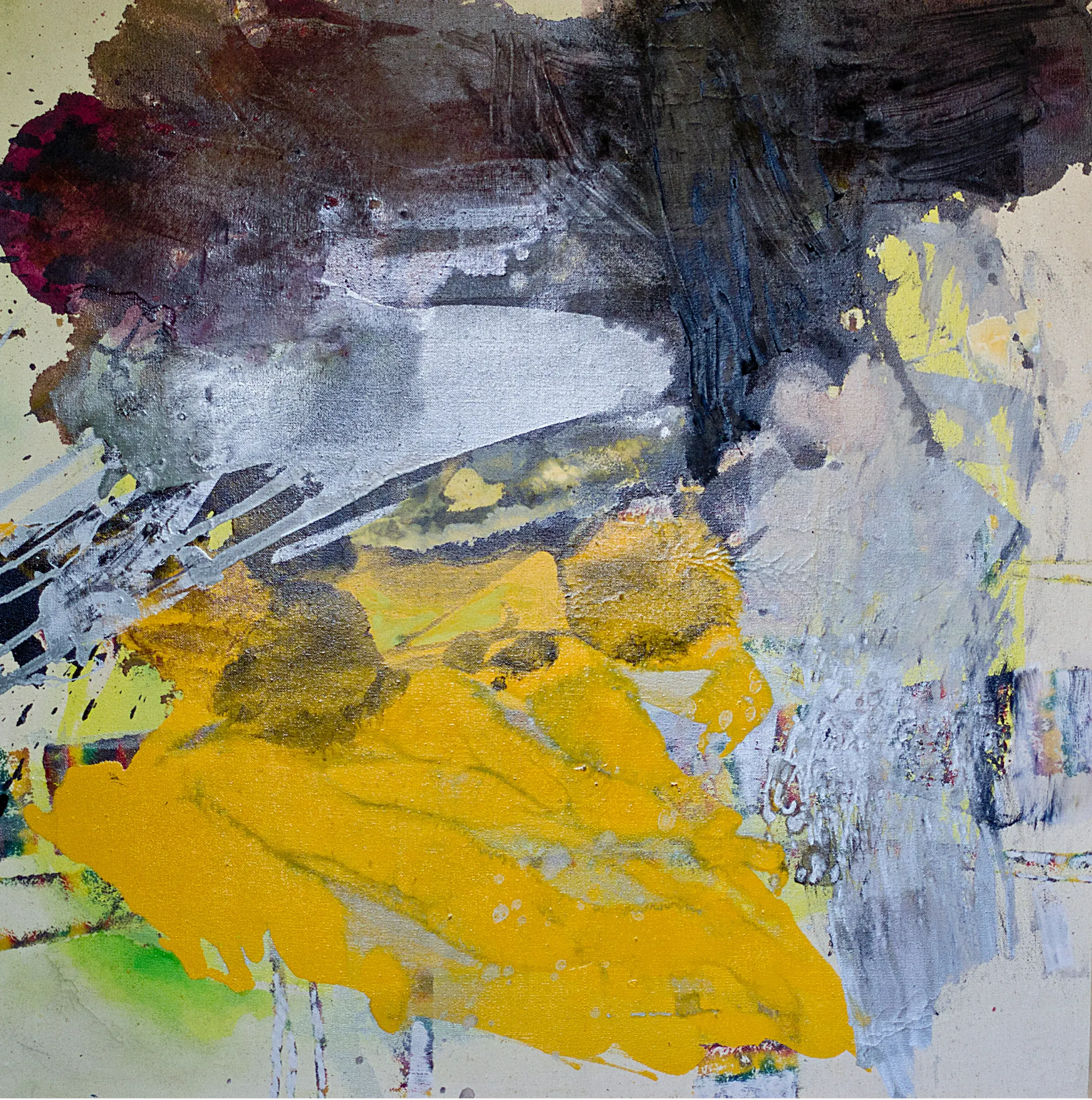 Oil on canvas artwork “Configuration” by Moldovan painter Florina Brezu, 100 × 100 cm, 2014.