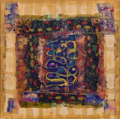 Abstract artwork in acrylic, oil, and collage “Moldavian Parchment III” by Moldovan abstract artist Andrei Negură, 100 × 100 cm, 2022.