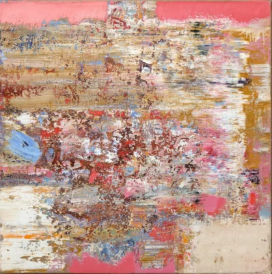 Oil on canvas artwork “Particles XII” by Moldovan painter Florina Breazu, 60 × 60 cm, 2020.