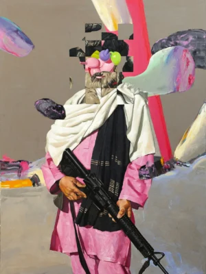Pink Taliban, oil on linen, painting by Stefan Esanu, 120 × 160 cm, 2025