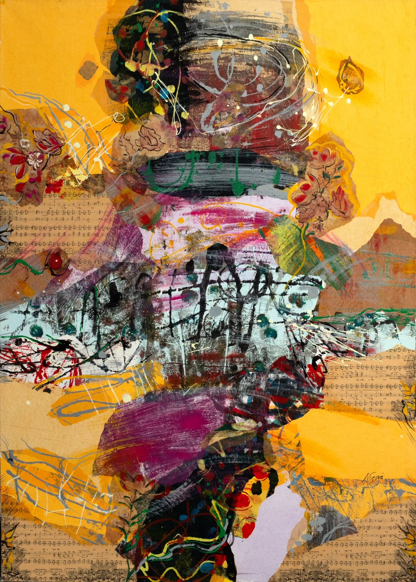 Acrylic, oil, and collage artwork “Revelations 24” by Moldovan artist Andrei Negură, 140 × 100 cm, 2023.