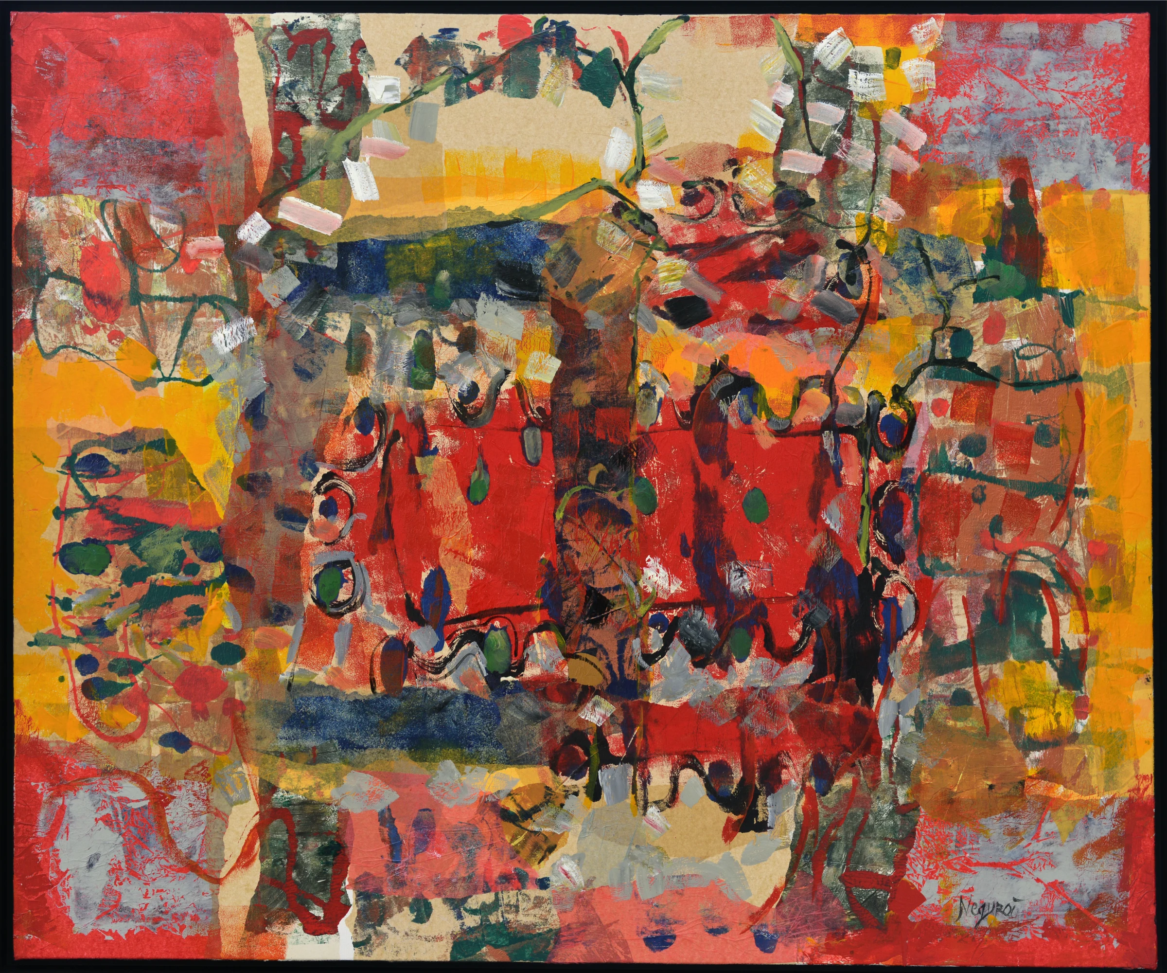 Abstract artwork in acrylic, oil, and collage “Revelations XXVII” by Moldovan abstract artist Andrei Negură, 100 × 120 cm, 2023.