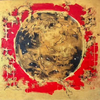 Ancient Sun, acrylic and gold acrylic painting on canvas by Moldovan-American artist Valentina Bakhchevan, 102 × 102 cm, 2024.