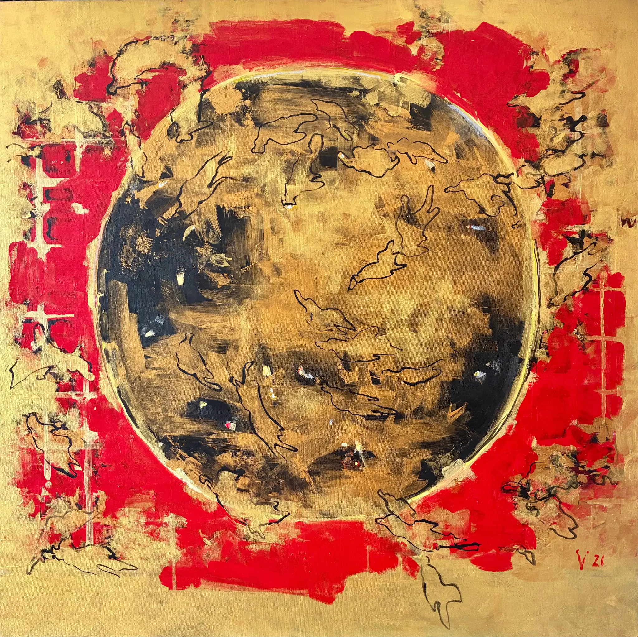 Ancient Sun, acrylic and gold acrylic painting on canvas by Moldovan-American artist Valentina Bakhchevan, 102 × 102 cm, 2024.
