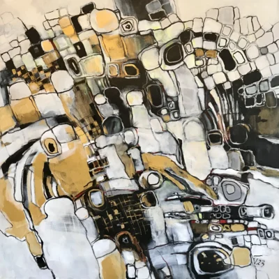 City Crowd, acrylic and gold acrylic painting on canvas by Moldovan-American artist Valentina Bakhchevan, 102 × 102 cm, 2023