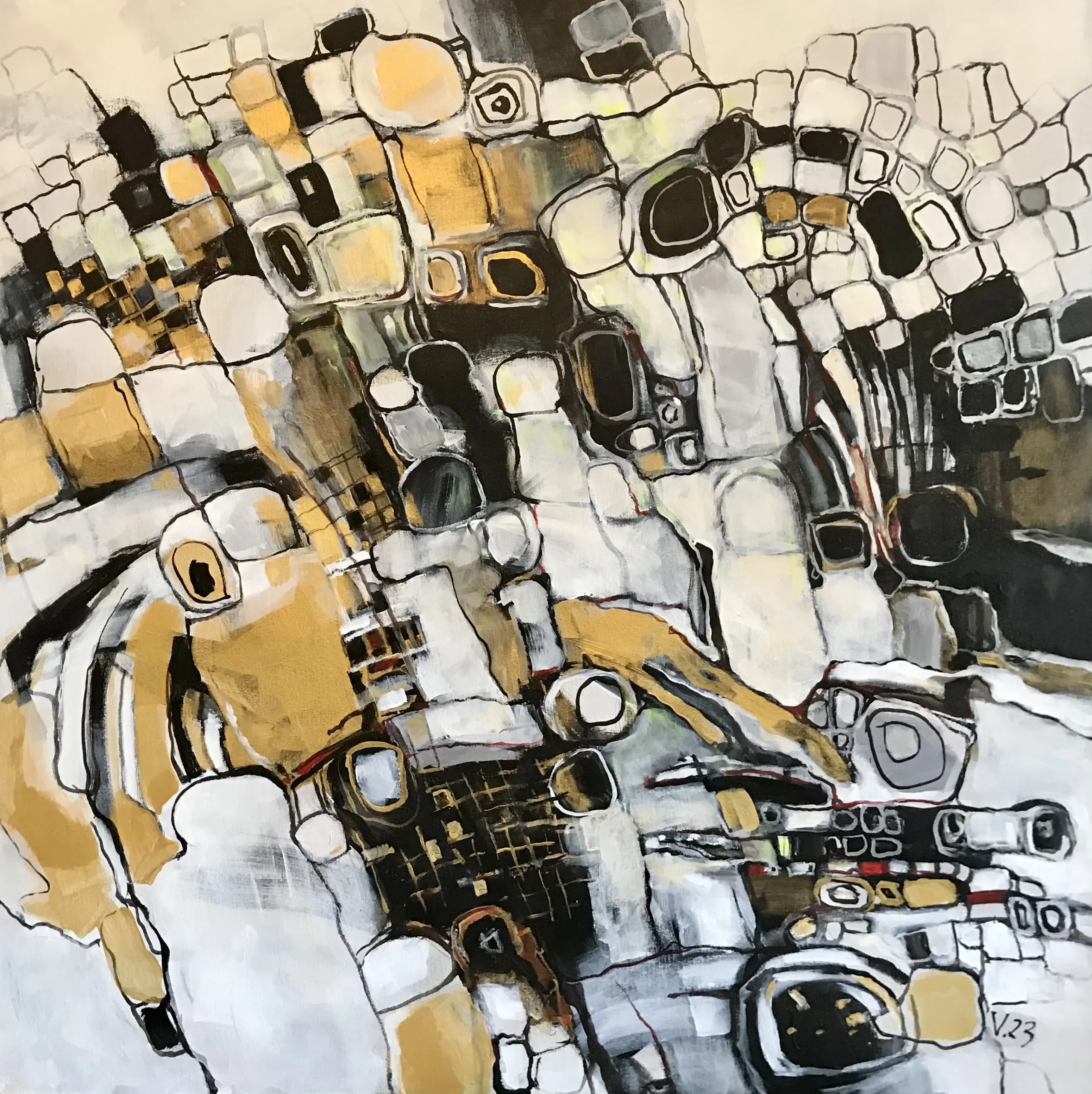 City Crowd, acrylic and gold acrylic painting on canvas by Moldovan-American artist Valentina Bakhchevan, 102 × 102 cm, 2023