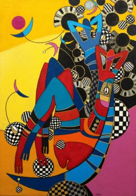 Acrylic on canvas artwork “Cradle” by Moldovan artist Elena Pruteanu Samburic, 100 × 70 cm, 2024.