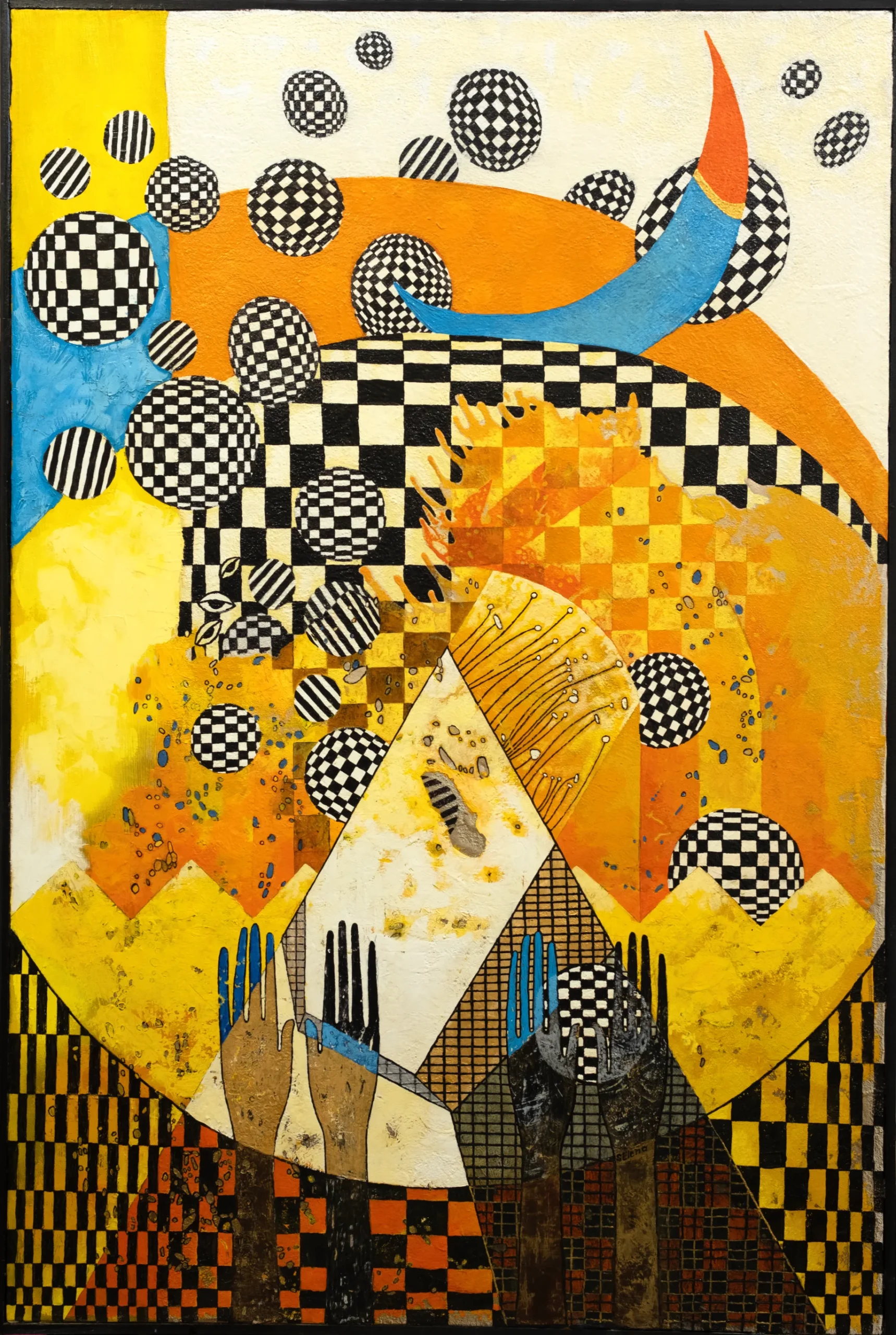 Oil on canvas artwork “The Creation of the World” by Moldovan artist Elena Pruteanu Samburic, 120 × 80 cm, 2024.