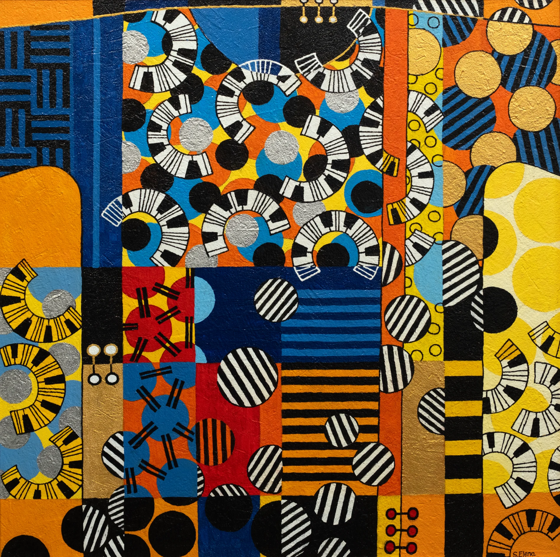 Acrylic artwork in the artist's signature technique “The Flyer – Spring Serenade” by Moldovan artist Elena Pruteanu Samburic, 80 × 80 cm, 2024.