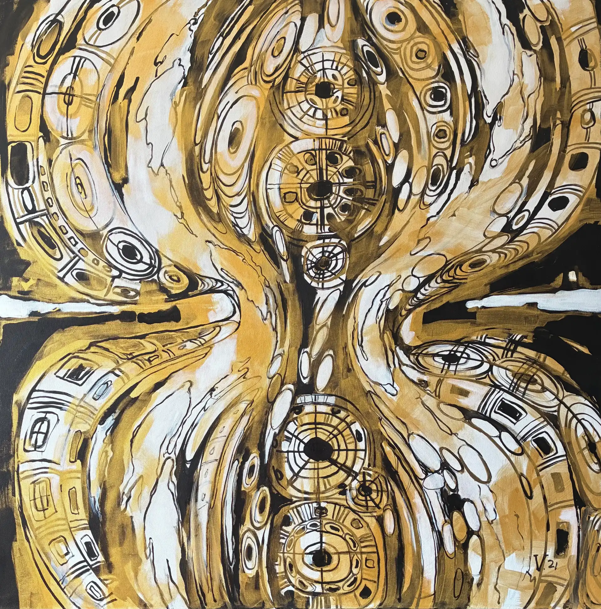 Hourglass, acrylic and gold acrylic painting on canvas by Moldovan-American artist Valentina Bakhchevan, 102 × 102 cm, 2024.