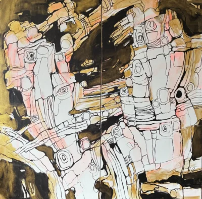 Human Matter 4, acrylic on canvas diptych by Moldovan-American artist Valentina Bakhchevan, 91 × 91 cm, 2022.