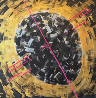 Imbalance, acrylic, gold and silver acrylic on canvas by Moldovan-American artist Valentina Bakhchevan, 76 × 76 cm, 2020.