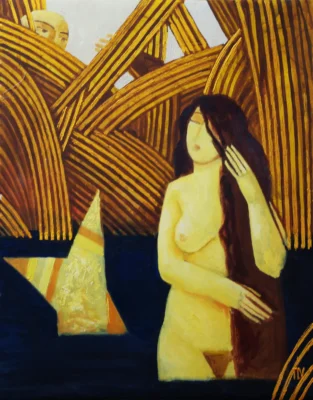 Mermaid’s Bathing, 2017, oil on linen painting by Moldovan artist Vadim Palamarciuc, 100 × 80 cm.
