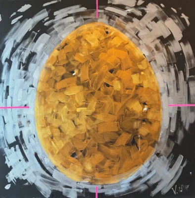 Stability, acrylic, gold and silver acrylic painting on canvas by Moldovan-American artist Valentina Bakhchevan, 76 × 76 cm, 2020.