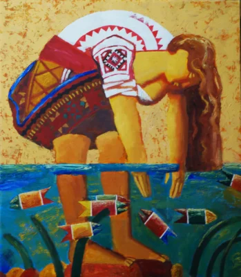 Exotic Fish, 2017, oil on linen painting by Moldovan artist Vadim Palamarciuc, 110 × 100 cm.