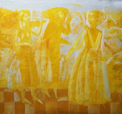 Music Lesson, 2017, oil on linen painting by Moldovan artist Vadim Palamarciuc, 120 × 100 cm.