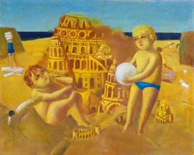 Sand Castle, 2017, oil on linen painting by Moldovan artist Vadim Palamarciuc, 80 × 100 cm.