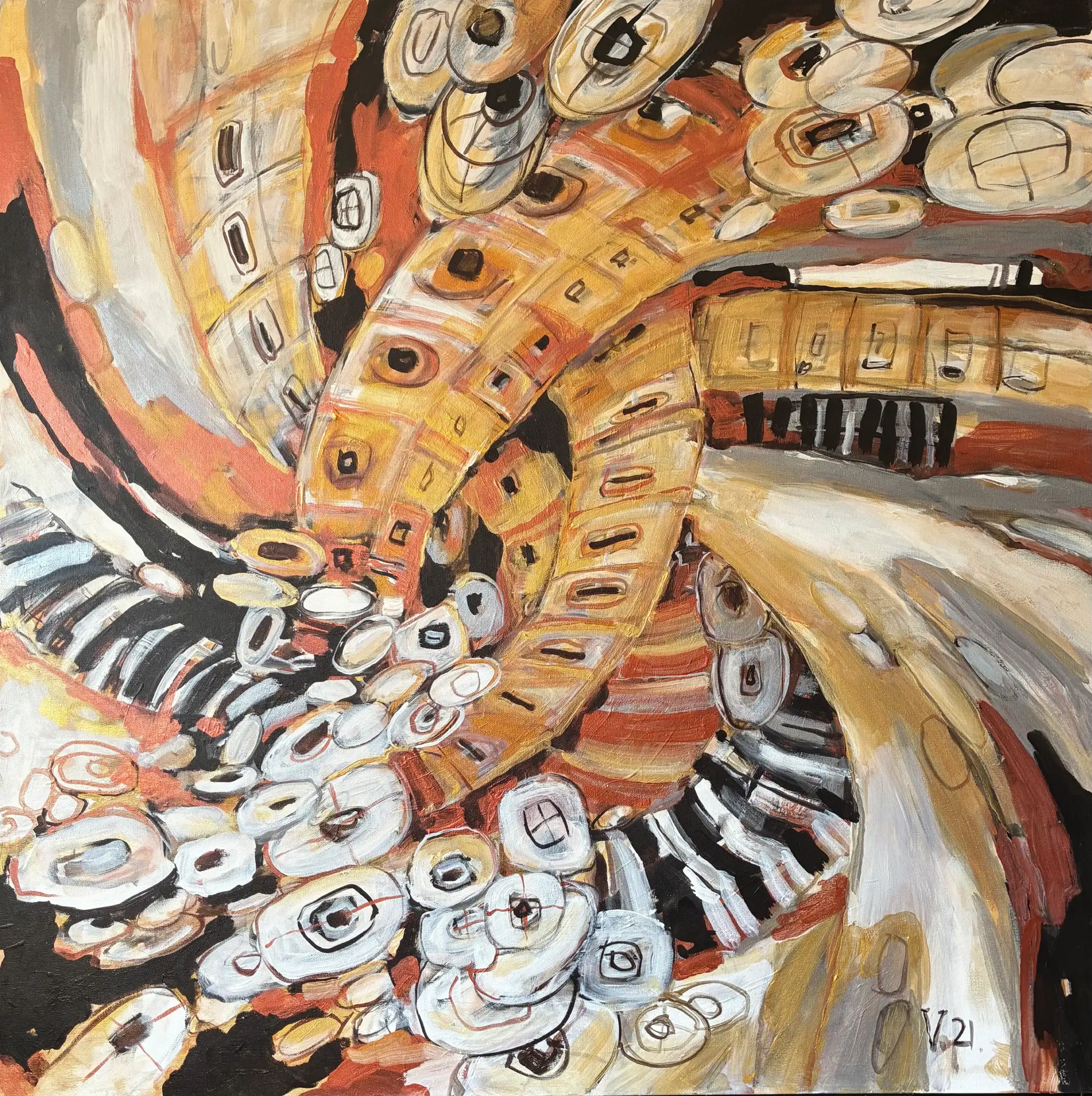 Mill of Life, acrylic and gold acrylic painting on canvas by Moldovan-American artist Valentina Bakhchevan, 102 × 102 cm, 2021.