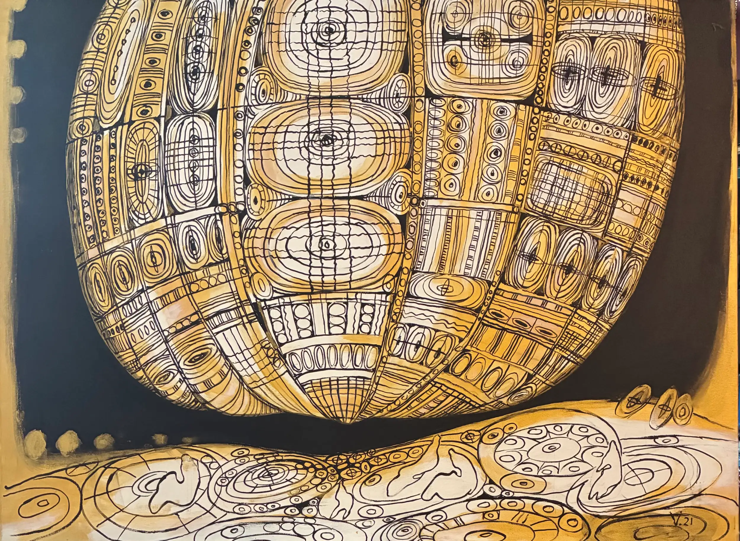 Myth, 2021, metallic acrylic painting by Moldovan artist Valentina Bakhchevan.