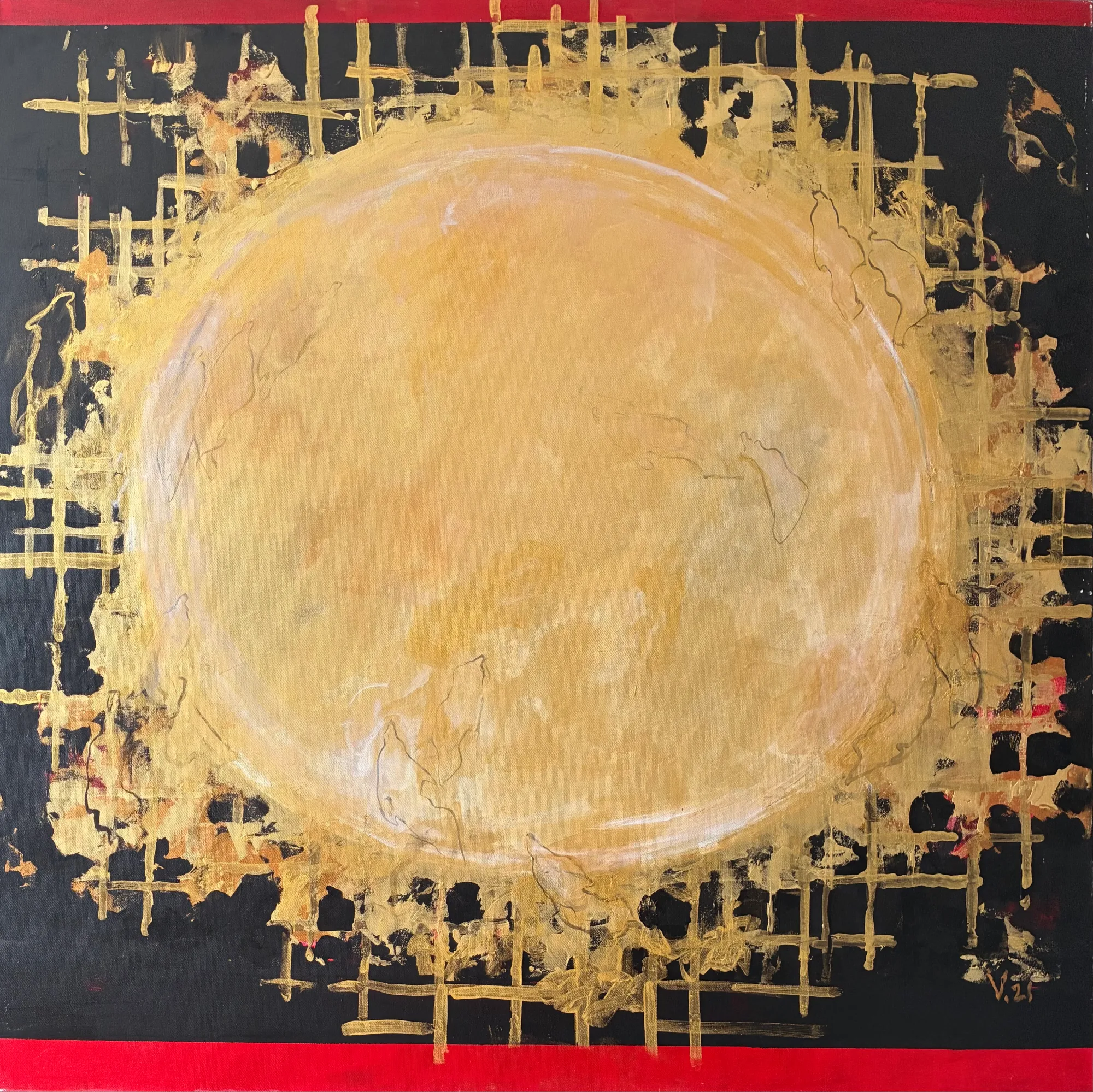 New Sun, acrylic and gold acrylic painting on canvas by Moldovan-American artist Valentina Bakhchevan, 102 × 102 cm, 2024.