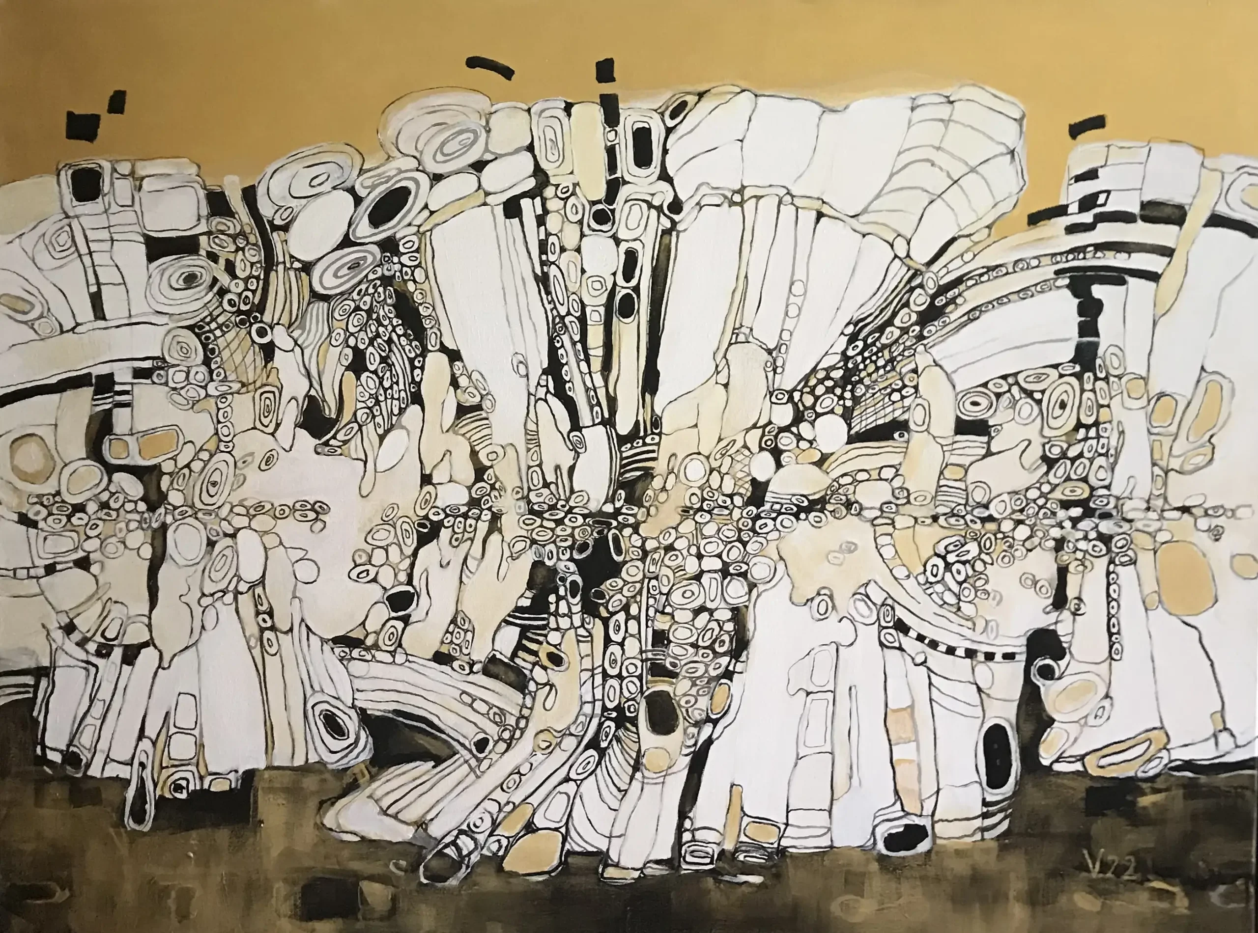 Paradise, acrylic and gold acrylic painting on canvas by Moldovan-American artist Valentina Bakhchevan, 91 × 122 cm, 2022.