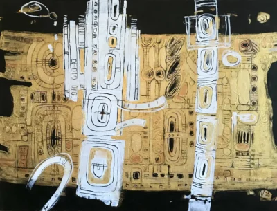 Space Map, acrylic and gold acrylic painting on canvas by Moldovan-American artist Valentina Bakhchevan, 91 × 122 cm, 2020.