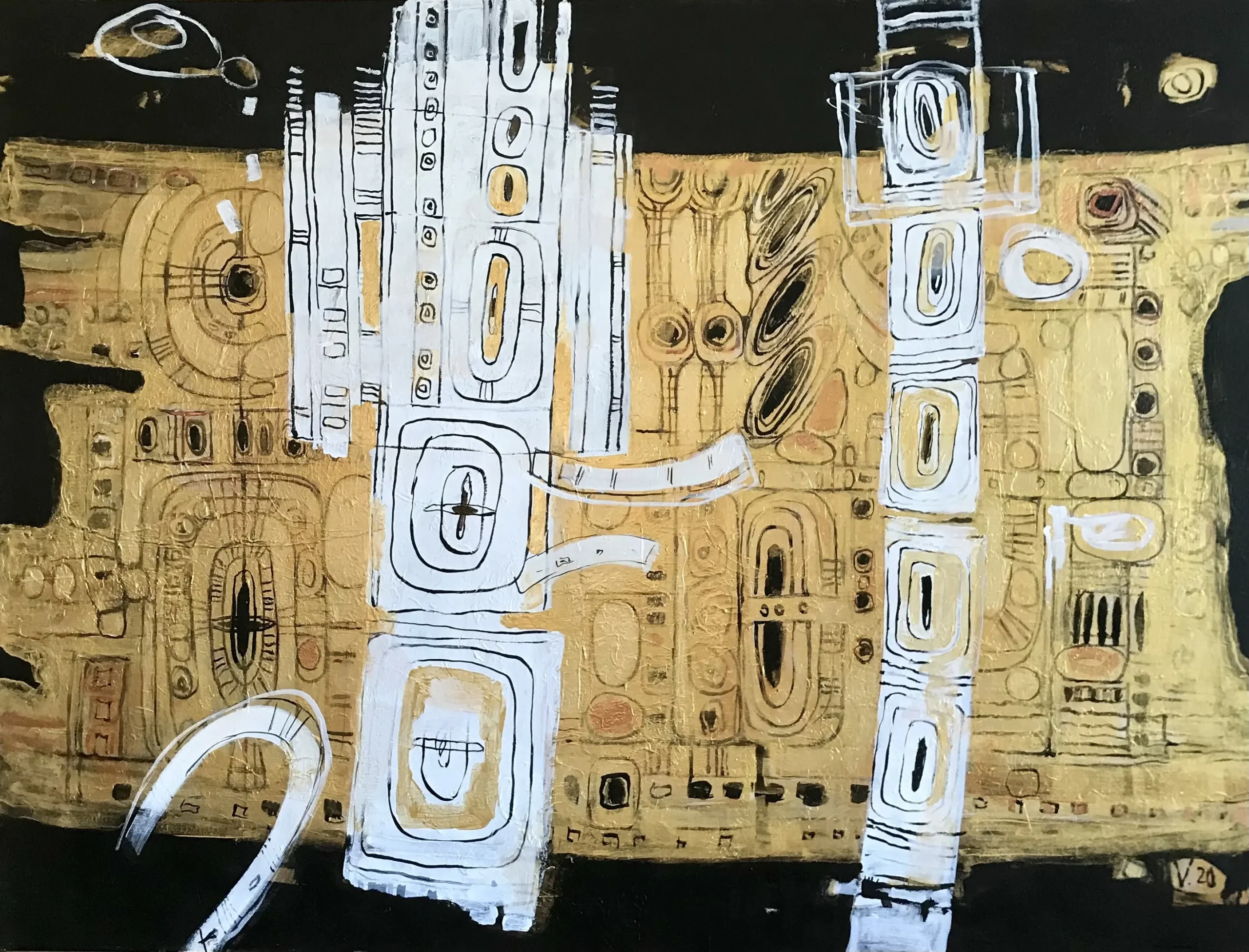 Space Map, acrylic and gold acrylic painting on canvas by Moldovan-American artist Valentina Bakhchevan, 91 × 122 cm, 2020.