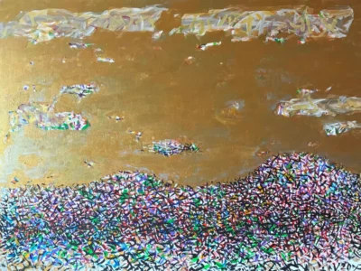 Sunday, acrylic and gold acrylic painting on canvas by Moldovan-American artist Valentina Bakhchevan, 91 × 102 cm, 2020.