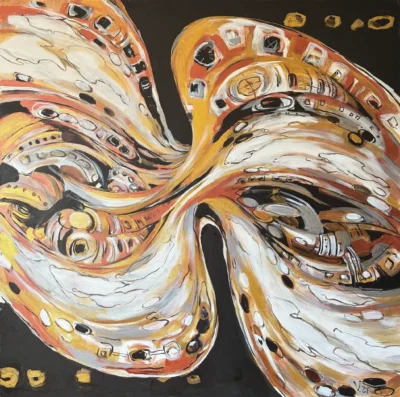 Time Stream, acrylic and gold acrylic painting on canvas by Moldovan-American artist Valentina Bakhchevan, 102 × 102 cm, 2024.