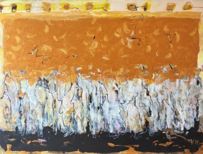 Waiting for the Sun, acrylic and gold acrylic painting on canvas by Moldovan-American artist Valentina Bakhchevan, 91 × 102 cm, 2021.