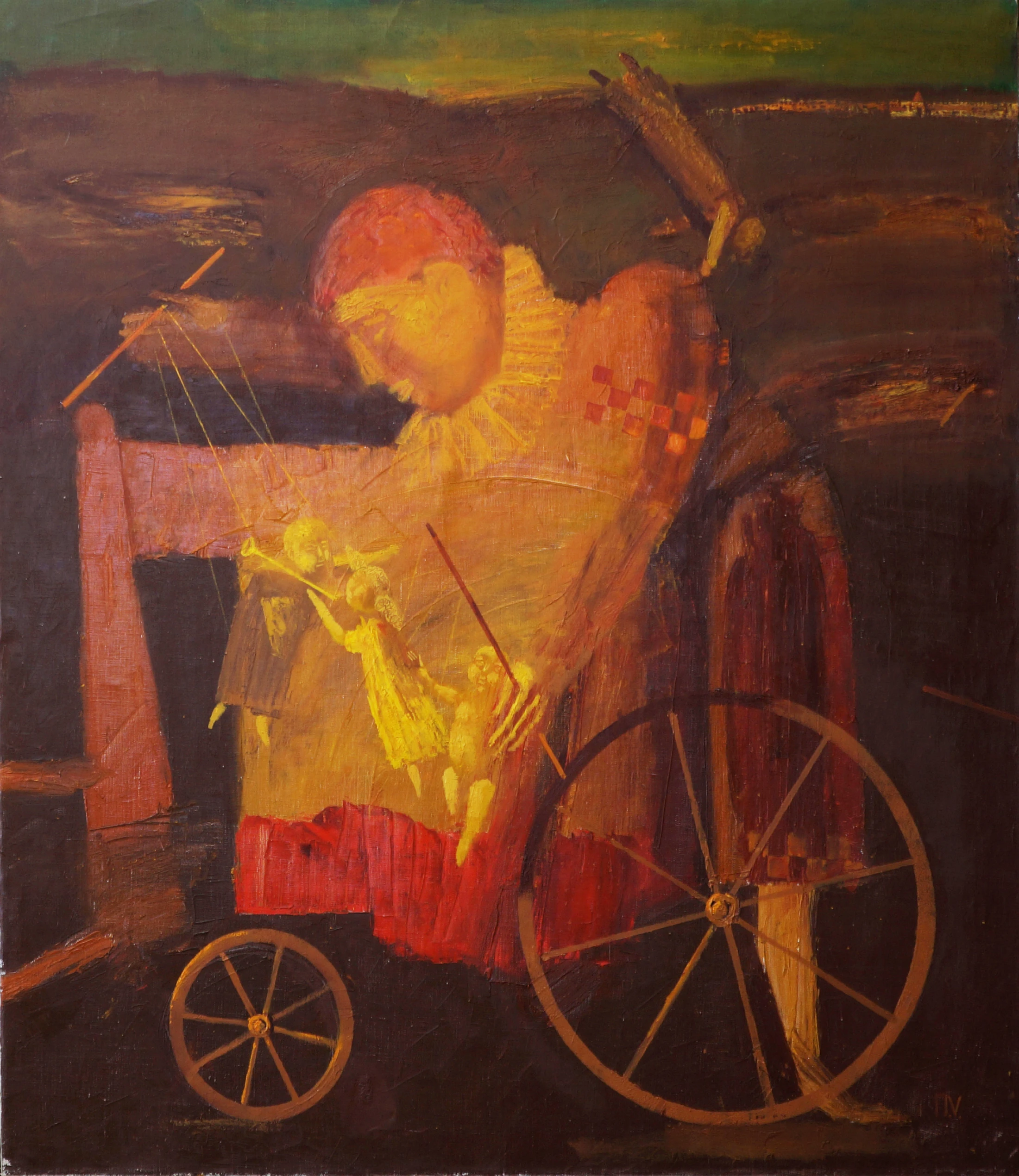 Puppeteer, 2017, oil on linen painting by Moldovan artist Vadim Palamarciuc, 110 × 100 cm.