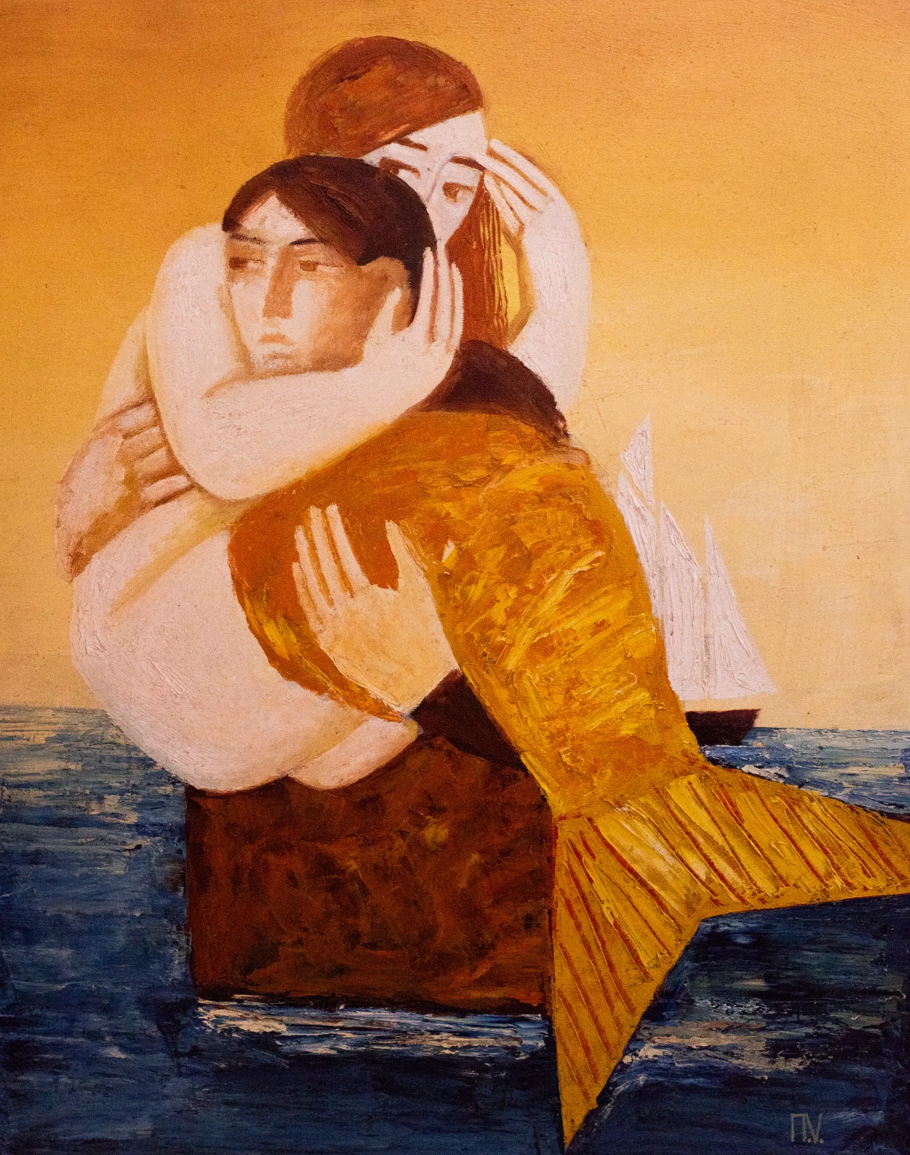 Saving the Mermaid, 2017, oil on linen painting by Moldovan artist Vadim Palamarciuc, 100 × 80 cm.